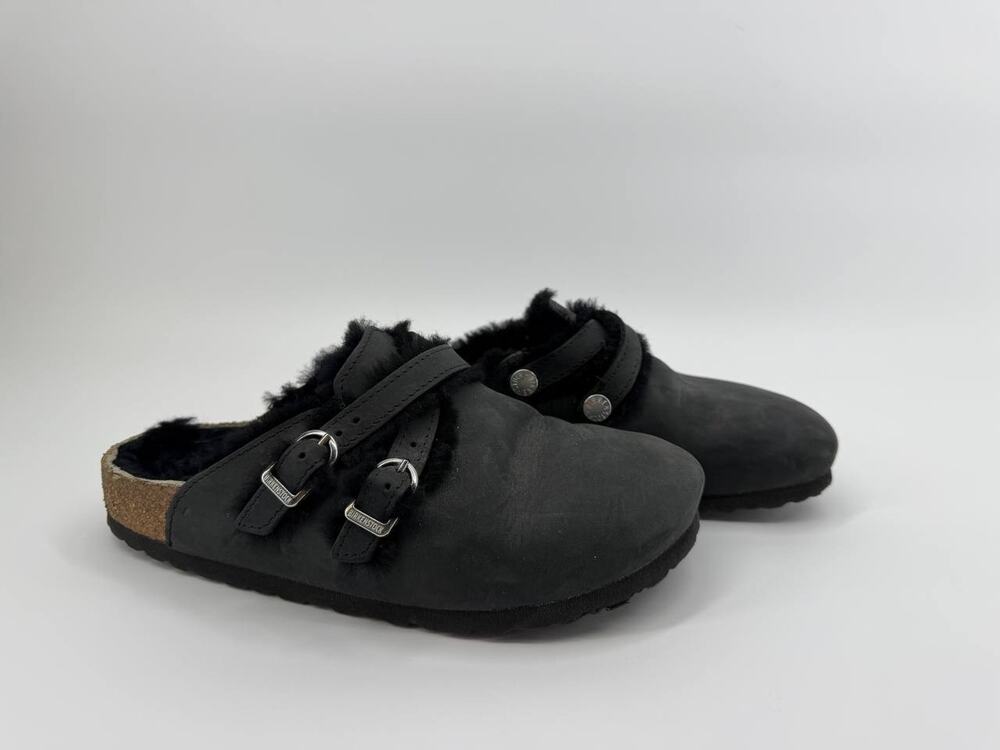 Birkenstock Fur Lined Buckle Clogs Black Leather Women EU 38 US 7